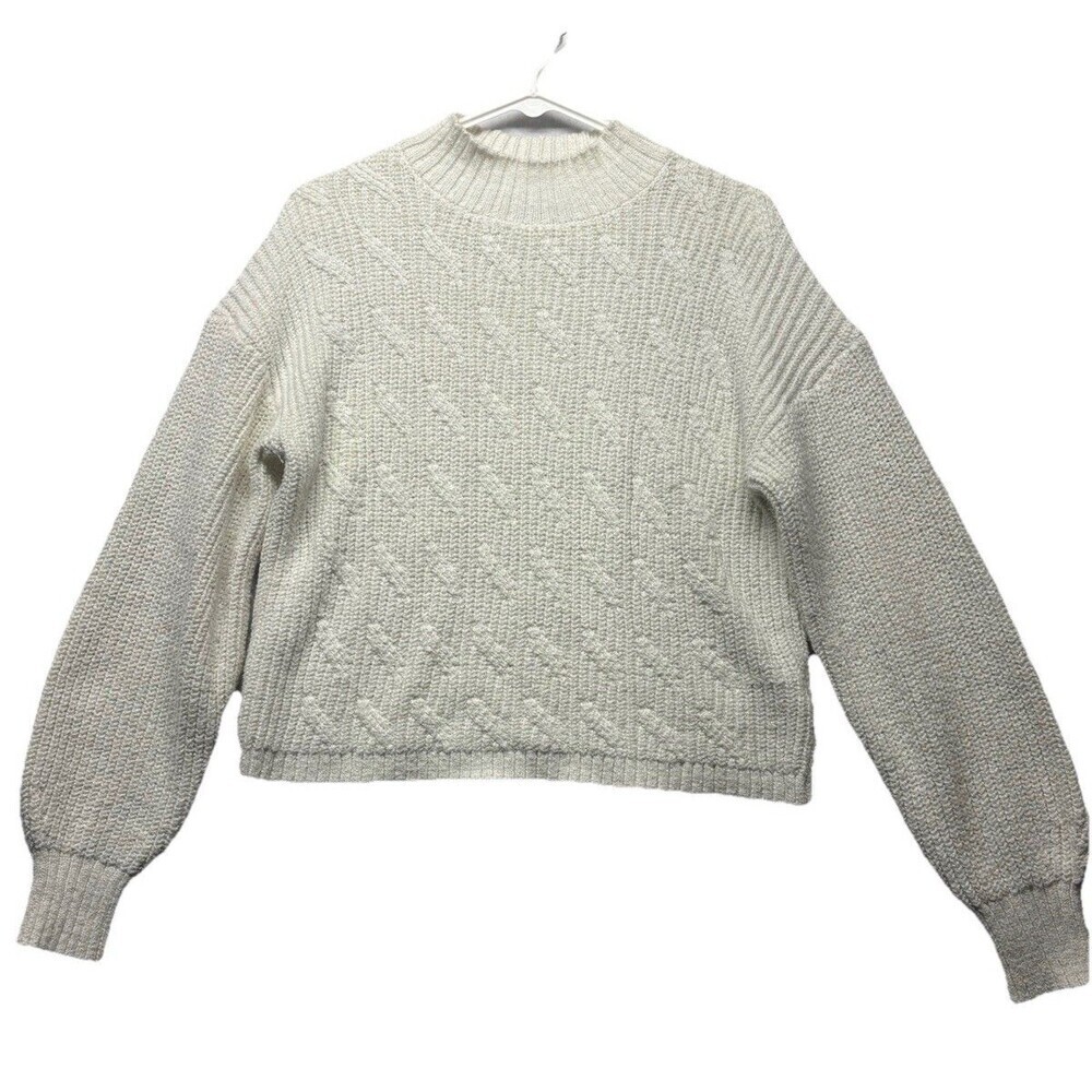 J Crew Mock Neck cable knit sweater Womens M stretchy soft Fisherman White